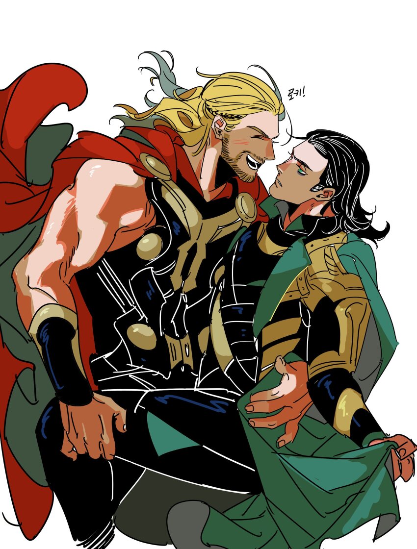 2boys absurdres armor bare_shoulders beard black_armor black_hair black_pants black_shirt blonde_hair brothers cape closed_eyes facial_hair fingernails floating_hair gauntlets green_eyes green_pants half-closed_eyes hand_around_waist highres karmaho loki_(marvel) long_hair long_sleeves looking_at_another male_focus marvel marvel_cinematic_universe medium_hair multiple_boys muscular muscular_male open_mouth pants red_cape shirt shoulder_armor siblings simple_background smile standing teeth thor_(marvel) thor_(marvel)_(series) white_background
