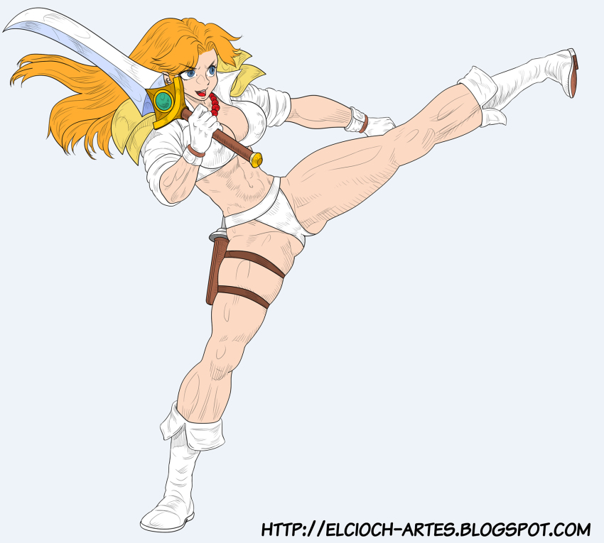 1girl abs armor artist_name ass blonde_hair blue_eyes boots breasts cameltoe cleavage elcioch gloves gluteal_fold golden_axe golden_axe:_the_duel groin_tendon highres jewelry kicking knife large_breasts long_hair midriff milan_flare muscular muscular_female muscular_legs navel necklace sega shoulder_armor skindentation smile spread_legs sword thick_thighs thigh_strap thighs toned weapon
