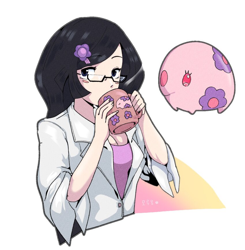 1girl black_eyes black_hair blush_stickers closed_lab_coat coat coffee_mug cup fennel_(pokemon) gen_5_pokemon glasses hair_ornament hairclip highres lab_coat long_hair looking_at_viewer mug munna nintendo pink_eyes pokemon pokemon_(creature) pokemon_bw positibe purple_shirt shirt simple_background sleeves_rolled_up standing upper_body white_background white_coat