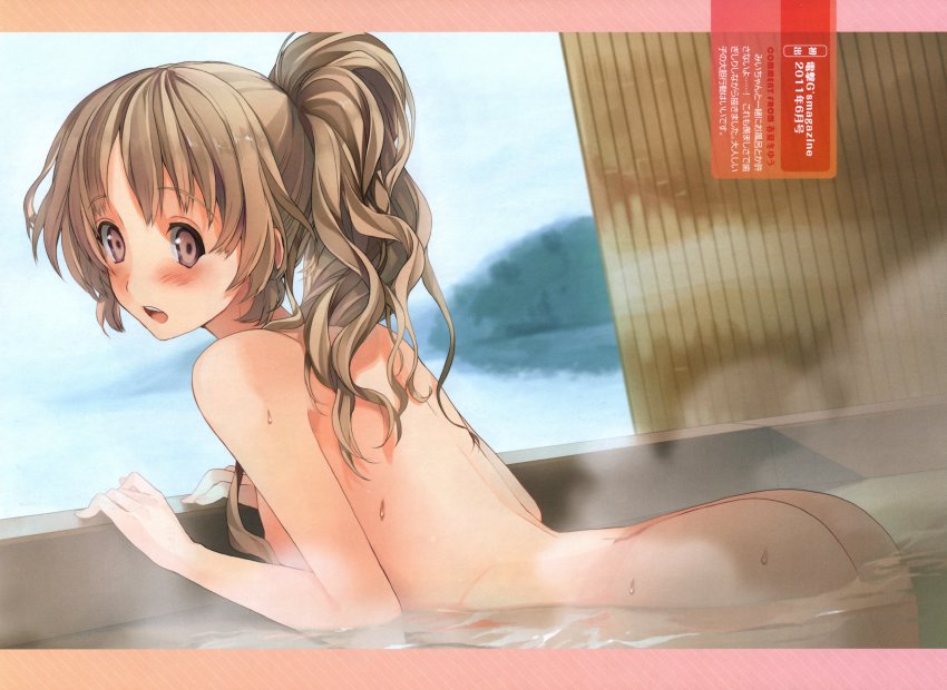 10s 1girl absurdres akinashi_yuu ass blush brown_eyes brown_hair censored convenient_censoring dengeki_moeoh highres kiba_mifuyu koi_to_senkyo_to_chocolate long_hair looking_back non-web_source nude open_mouth ponytail
