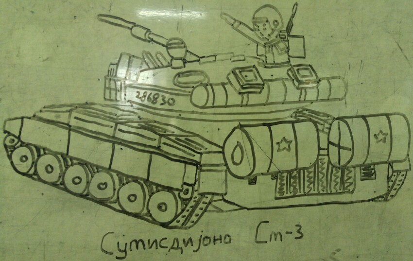 cyrillic highres mathias_trihadi_martha military military_uniform military_vehicle monochrome motor_vehicle original star_(symbol) t-80 tank whiteboard_(medium)