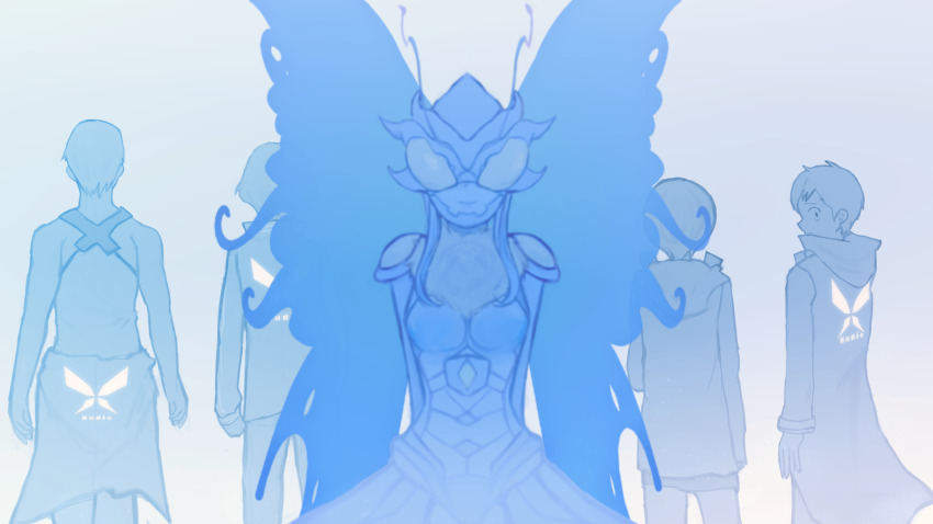 amasawa_keisuke arthropod_girl butterfly_wings digimon digimon_(creature) highres hudiemon imai_chitose insect_wings long_hair mask mishima_ryuji monster_girl nogi_yu wings