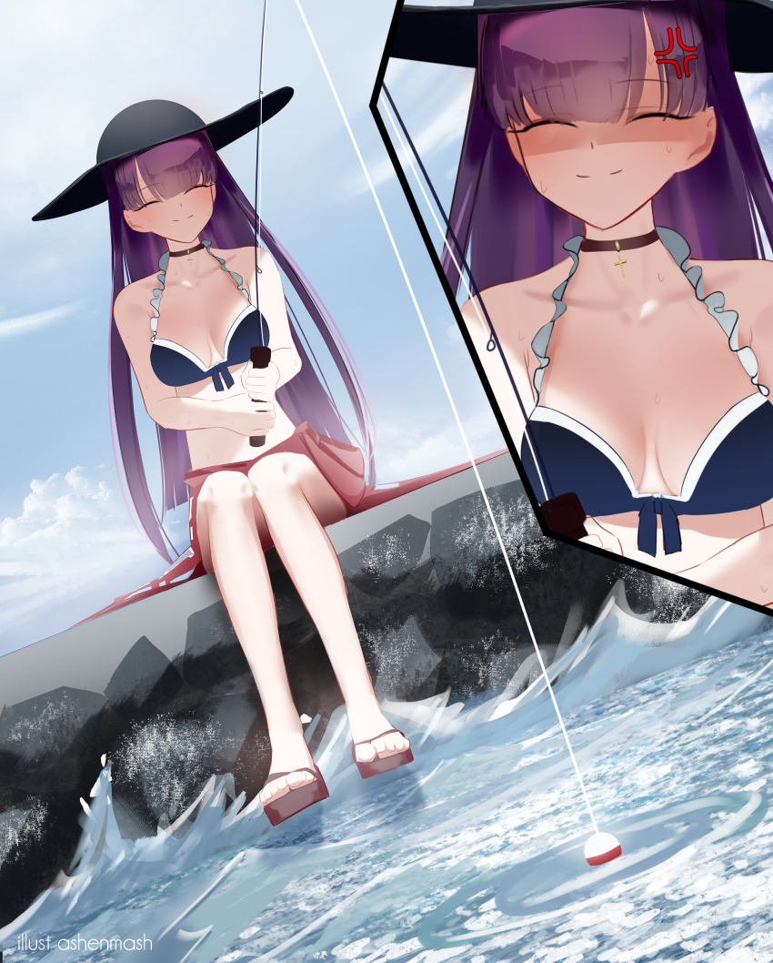 1girl absurdres anger_vein bikini blue_bikini blue_sky breasts brown_choker choker cleavage closed_mouth cloud cloudy_sky cyrilashnmsh day false_smile fate/grand_order fate_(series) fishing fishing_bobber fishing_rod hat highres holding holding_fishing_rod long_hair martha_(fate) martha_(swimsuit_ruler)_(fate) medium_breasts ocean outdoors purple_hair red_skirt sandals shaded_face sitting skirt sky smile sun_hat swimsuit