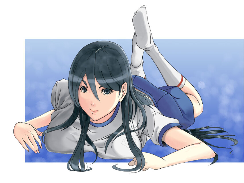 1girl a_certain_high_school_gym_uniform alternate_eye_color bare_arms black_hair blue_shorts breasts closed_mouth commentary danieri emblem fukiyose_seiri grey_eyes gym_shirt gym_shorts gym_uniform hair_between_eyes kneehighs large_breasts lips long_bangs looking_at_viewer lying no_shoes on_stomach school_emblem shirt short_shorts short_sleeves shorts sidelocks socks solo the_pose toaru_majutsu_no_index toaru_majutsu_no_index:_old_testament white_shirt white_socks