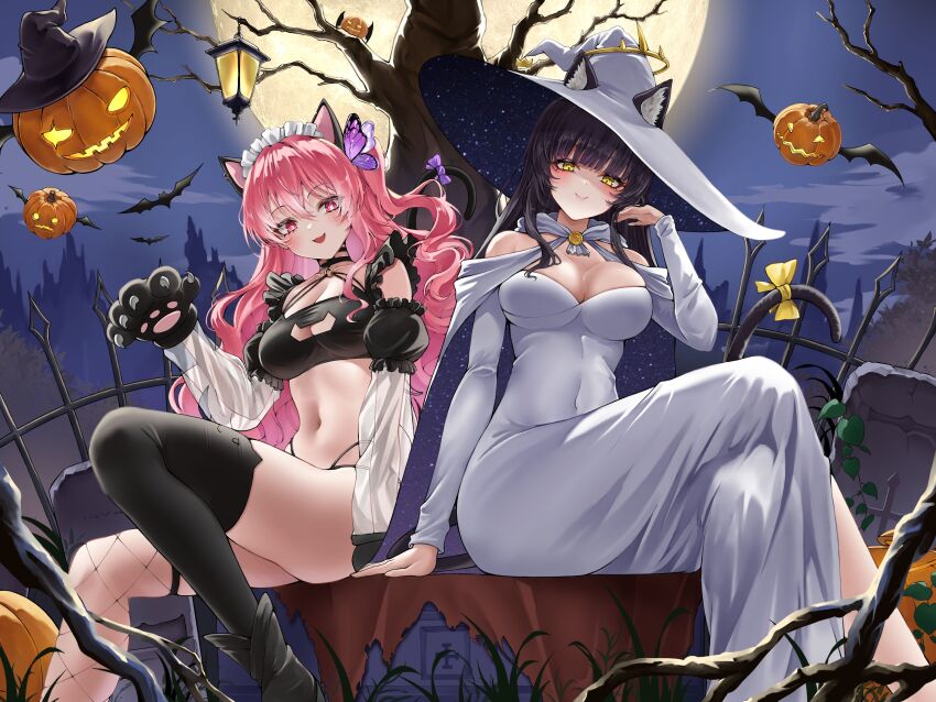 2girls absurdres animal_ear_legwear animal_ears animal_hands asymmetrical_legwear bare_shoulders black_bra black_choker black_hair black_thighhighs bra breasts cat_ear_legwear cat_ears cat_lingerie cat_tail choker cleavage cleavage_cutout clothing_cutout covered_navel crossed_legs detached_sleeves dress ears_through_headwear fishnet_thighhighs fishnets frilled_bra frills full_moon gloves halloween hat highres jack-o&#039;-lantern large_breasts lds_(dstwins97) long_dress long_hair long_sleeves looking_at_viewer medium_breasts meme_attire moon multi-strapped_panties multiple_girls one_side_up open_mouth original panties paw_gloves pink_eyes pink_hair see-through_clothes see-through_sleeves sitting smile starry_sky_print string_panties tail thighhighs underwear white_dress white_hat witch_hat yellow_eyes