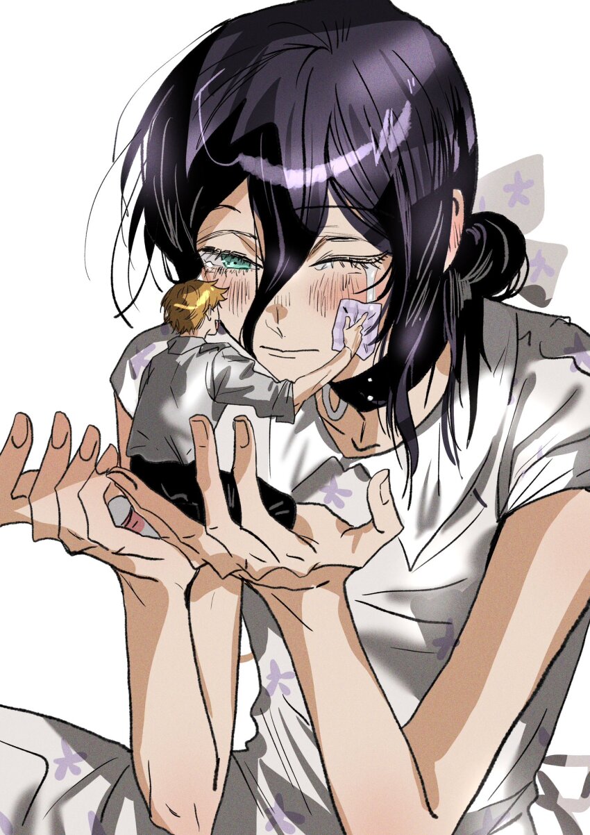 1boy 1girl black_choker black_pants blonde_hair blush busuttt chainsaw_man choker closed_mouth collared_dress collared_shirt crying denji_(chainsaw_man) dress floral_print floral_print_dress green_eyes grenade_pin hair_between_eyes hair_bun highres holding holding_mini_person in_palm medium_hair mini_person miniboy one_eye_closed open_mouth pants print_dress purple_hair reze_(chainsaw_man) shirt short_hair size_difference sleeves_rolled_up smile tears updo white_background white_shirt wiping_tears