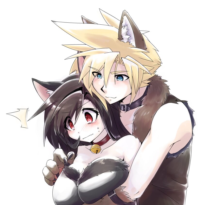 1boy 1girl ^^^ animal_ear_fluff animal_ears animal_hands arm_under_breasts bare_shoulders bell belt_buckle belt_collar black_choker black_dress black_hair blonde_hair blue_eyes blush breasts buckle cat_ears chaotic_dragon choker cleavage cloud_strife collar collarbone commentary_request couple dress final_fantasy final_fantasy_vii fur-trimmed_dress fur_trim gloves halloween halloween_costume heads_together height_difference hetero highres hug hug_from_behind kemonomimi_mode large_breasts long_hair neck_bell pale_skin paw_gloves red_eyes shirt simple_background sleeveless sleeveless_shirt smile spiked_hair strapless strapless_dress surprised sweatdrop tifa_lockhart upper_body white_background