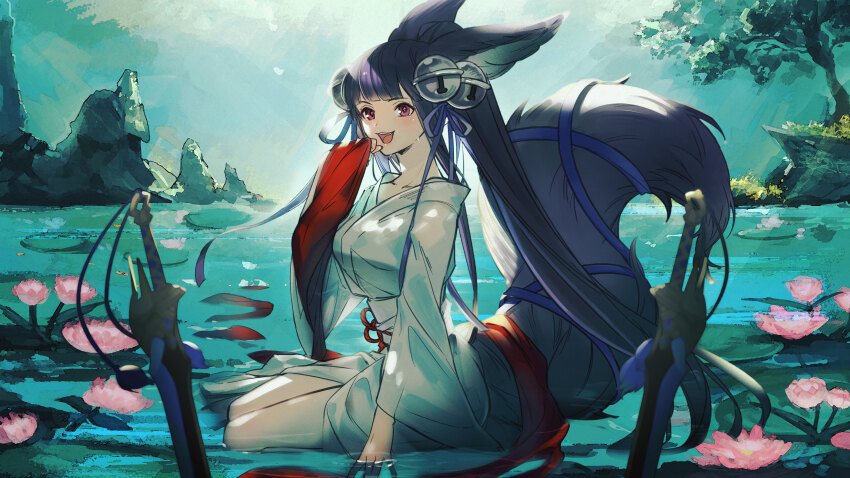 1girl :d absurdres alternate_costume animal_ears arm_up bell black_hair blue_bow blunt_bangs blush bow breasts erune flower fox_ears fox_girl fox_tail full_body granblue_fantasy granblue_fantasy_versus:_rising hair_bell hair_ornament highres holding japanese_clothes kimono lily_pad long_hair looking_at_viewer lotus medium_breasts minaba_hideo official_art on_ground open_mouth partially_submerged pink_eyes short_kimono sitting sky smile solo tail third-party_source tree very_long_hair wariza wet white_kimono wide_sleeves yuel_(granblue_fantasy)