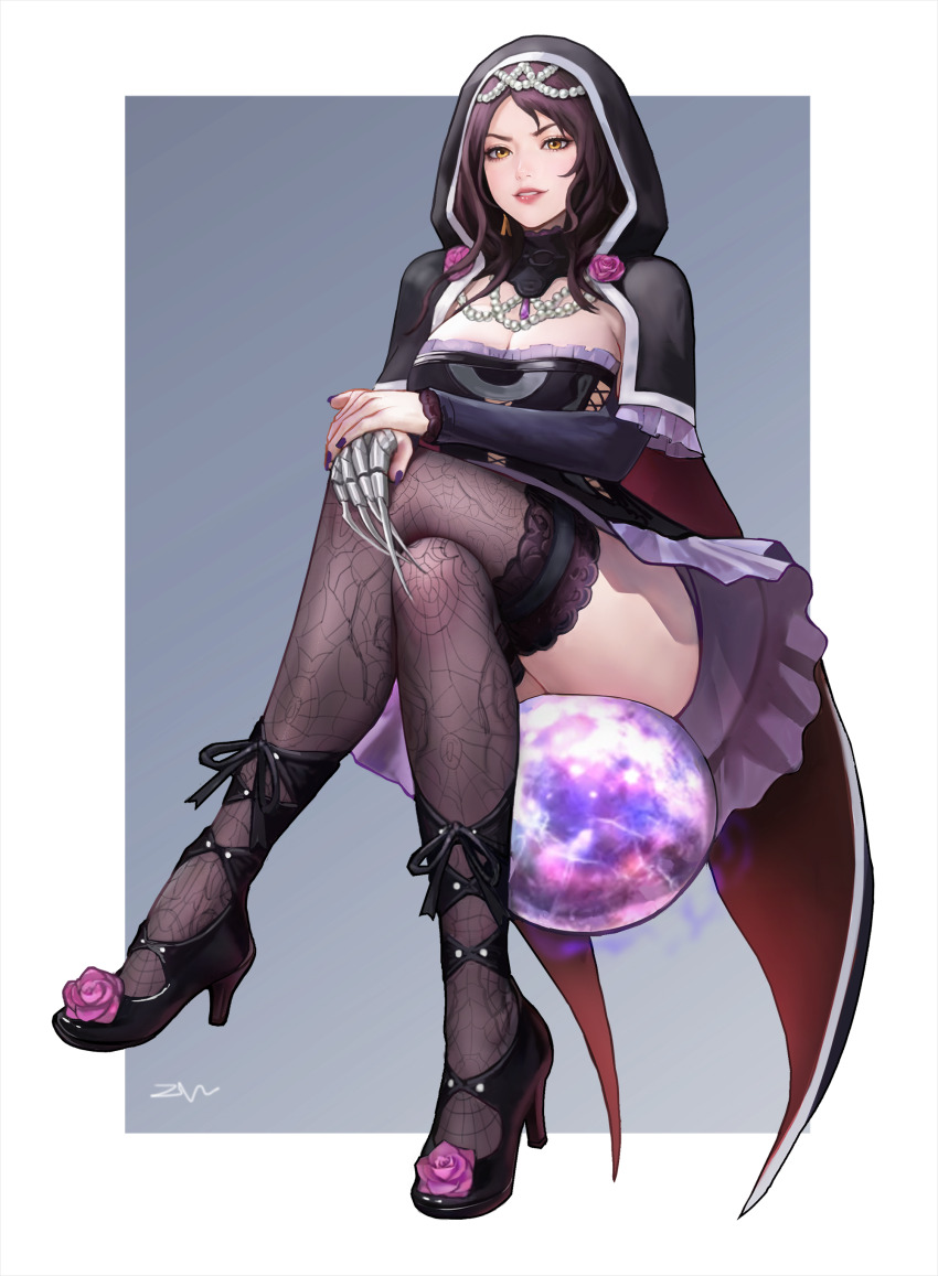 1girl absurdres black_corset black_dress black_hair black_thighhighs breasts cape claw_(weapon) cleavage clothing_cutout commission corset cosplay cross-laced_clothes cross-laced_cutout crystal_ball detached_collar detached_sleeves dress earrings fingernails fire_emblem fire_emblem:_the_blazing_blade flower frills garter_straps gem high_heels highres hood hooded_top jewelry large_breasts lipstick long_hair looking_at_viewer makeup mature_female necklace nintendo orb pearl_(gemstone) pearl_necklace pixiv_commission red_lips rose side_cutout sideless_outfit signature simple_background sitting skirt smile solo sonia_(fire_emblem:_the_blazing_blade) soul_calibur soulcalibur soulcalibur_v spider_web_print stomach_cutout thighhighs thighs viola_(soulcalibur) viola_(soulcalibur)_(cosplay) voice_actor_connection weapon yellow_eyes zhengwei_(nobber)