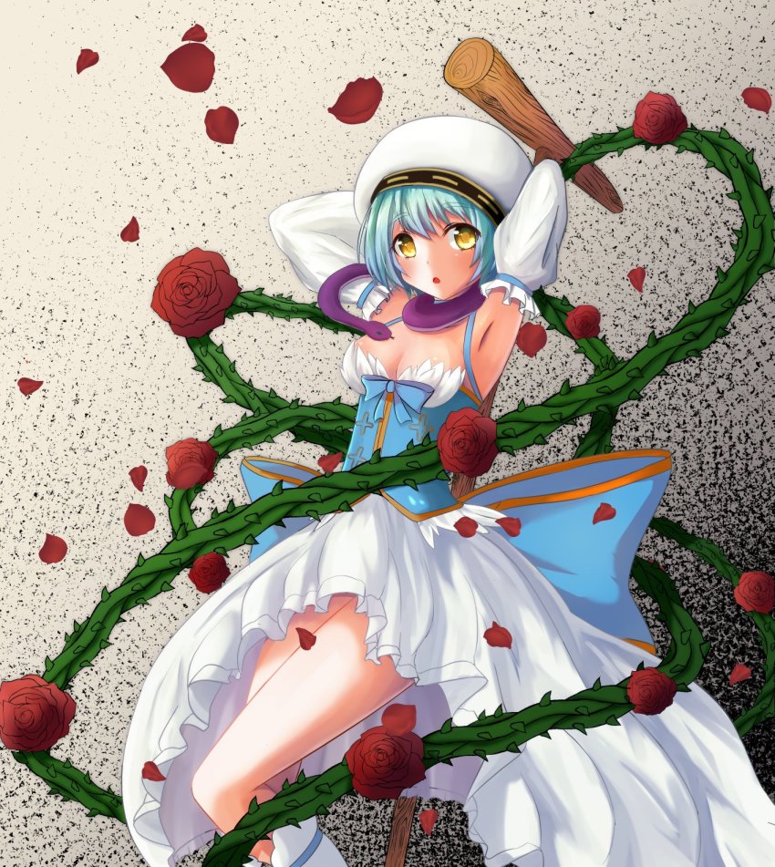 1girl armpits blue_corset blue_hair blush breasts cleavage commentary_request corset detached_sleeves dress entweihen_crothen feet_out_of_frame flower frilled_dress frilled_sleeves frills highres holding holding_staff looking_at_viewer medium_breasts official_alternate_costume open_mouth ragnarok_online red_flower red_rose rose rozelia00 short_hair sleeveless sleeveless_dress solo staff thorns wanderer_(ragnarok_online) white_dress white_headwear white_sleeves yellow_eyes