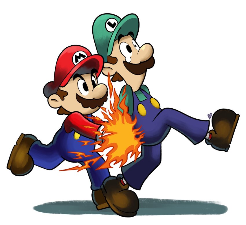 2boys arms_behind_back blue_overalls brothers burning domestic_maid facial_hair fire green_hat green_shirt hat highres long_sleeves luigi mario mario_&amp;_luigi:_superstar_saga mario_&amp;_luigi_rpg mario_(series) multiple_boys nintendo official_style overalls red_hat red_shirt shirt shoes short_hair siblings tears white_background