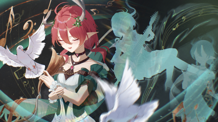 1girl absurdres bird black_choker breasts choker ciaccona_(wuthering_waves) closed_eyes commentary frilled_wrist_cuffs frills green_jacket hair_between_eyes highres holding holding_microphone_stand ikou_(18_ikou) jacket medium_breasts microphone_stand mole mole_under_eye multiple_moles multiple_persona musical_note open_mouth pointy_ears red_hair smile tacet_mark_(wuthering_waves) tree_horns white_bird white_wrist_cuffs wrist_cuffs wuthering_waves