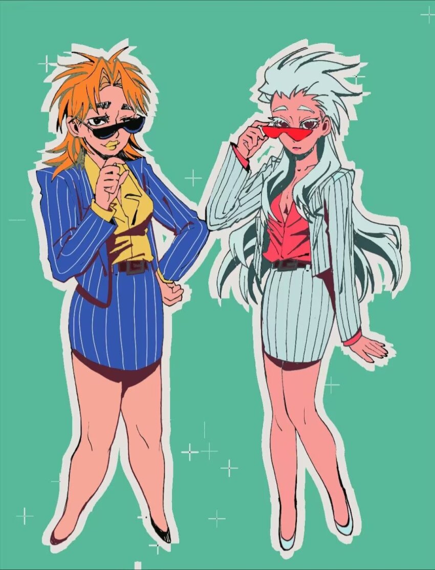 2girls akagi:_yami_ni_oritatta_tensai black_eyes blazer blue_background blue_jacket blue_skirt breasts chinese_commentary closed_mouth collared_shirt commentary_request expressionless fukumoto_mahjong full_body genderswap genderswap_(mtf) grey_hair grey_skirt highres hirayama_yukio hyoudou_kazuya jacket kaiji long_hair long_sleeves medium_breasts multiple_girls nanji_yuan_zhumin office_lady orange_hair pencil_skirt pink-tinted_eyewear pink_shirt shirt simple_background skirt smile sparkle striped_clothes striped_jacket striped_skirt sunglasses tinted_eyewear vertical-striped_clothes vertical-striped_jacket vertical-striped_skirt yellow_lips yellow_shirt