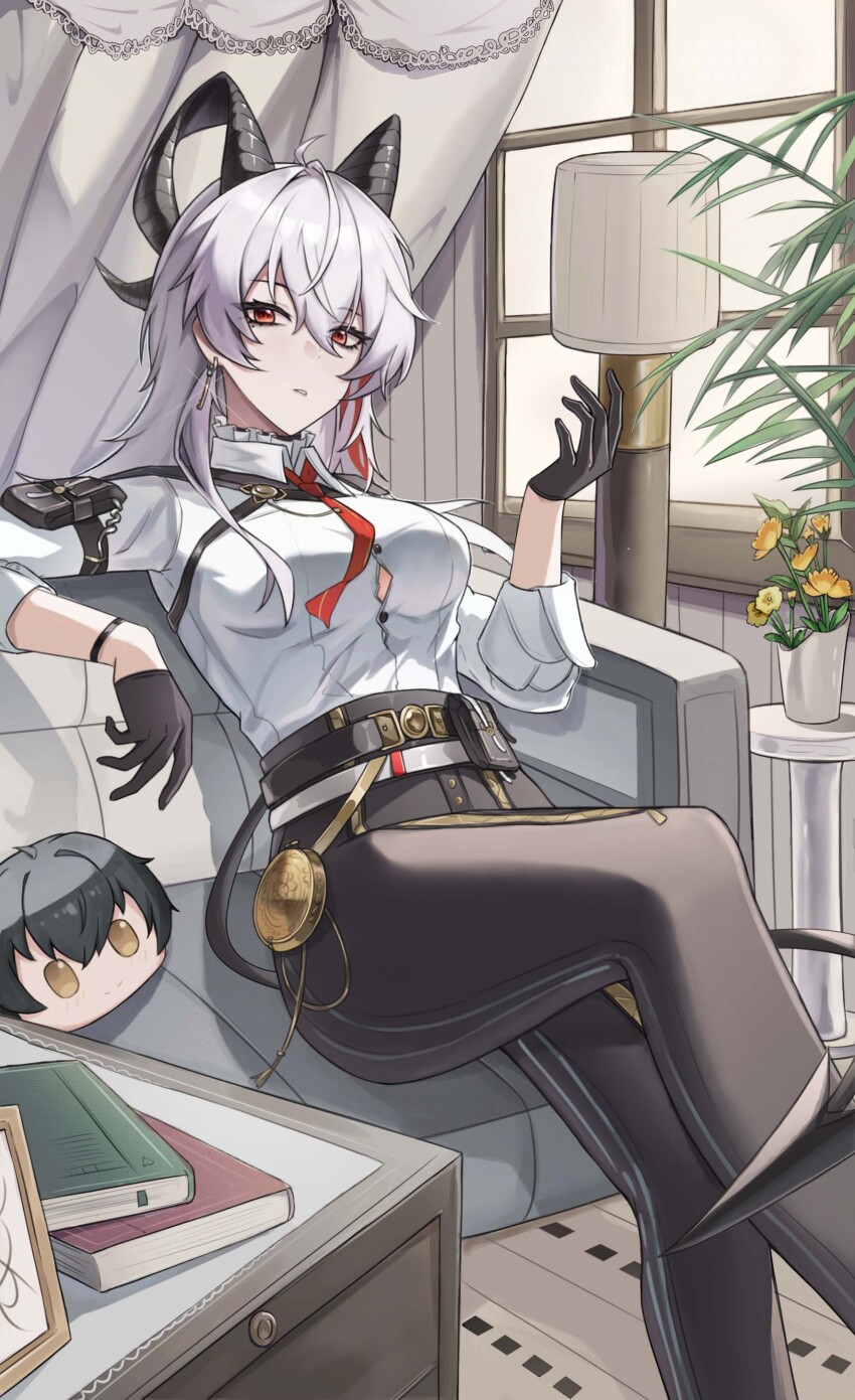 1girl a-chuang absurdres arm_pouch bags_under_eyes black_gloves black_horns black_pants black_pouch black_tail breasts button_gap chest_harness collared_shirt commentary curled_horns demon_tail earrings gloves grey_hair hand_up harness highres horns indoors jewelry key_earrings large_breasts looking_at_viewer male_rover_(wuthering_waves) mole mole_under_eye multicolored_hair necktie objectification pants red_eyes red_necktie rover_(wuthering_waves) shirt shirt_tucked_in sitting solo streaked_hair tail white_shirt wuthering_waves zani_(wuthering_waves)