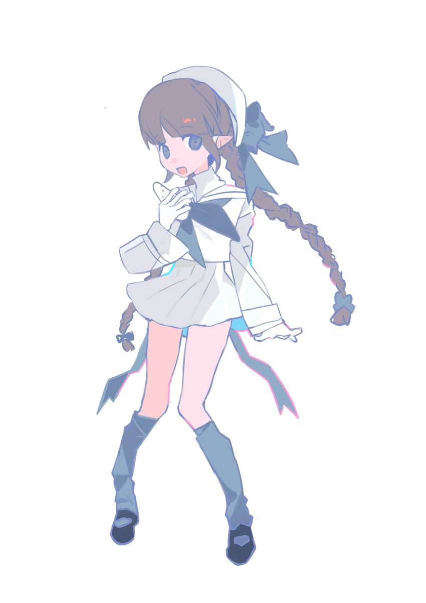 1girl absurdres back_ribbon black_eyes black_shoes blue_bow blue_neckerchief blue_socks bow braid brown_hair chinese_commentary chuanhua commentary_request commission full_body funamusea gloves hair_bow hat hat_bow highres kneehighs long_hair long_sleeves mary_janes miniskirt neckerchief oounabara_to_wadanohara open_mouth pleated_skirt pointy_ears school_uniform serafuku shirt shoes simple_background skirt socks solo tachi-e turtleneck twin_braids wadanohara white_background white_gloves white_hat white_serafuku white_shirt white_skirt