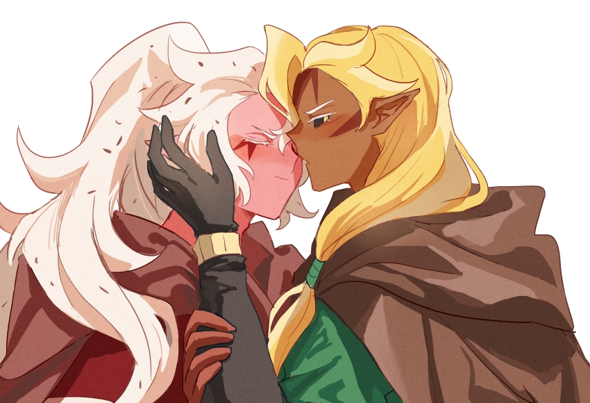 2others absurdres ananas_dragon_cookie black_gloves black_sclera blonde_hair blush brown_cape brown_gloves cape chinese_commentary closed_eyes closed_mouth colored_eyelashes colored_sclera colored_skin commentary_request cookie_run cookie_run:_kingdom cookie_run:_ovenbreak dark_skin face-to-face facial_mark film_grain food-themed_hair from_side geruideyundongxie gloves green_shirt hand_on_another&#039;s_arm hand_on_another&#039;s_cheek hand_on_another&#039;s_face hand_up high_ponytail highres hood hooded_cape humanization layered_sleeves long_hair long_sleeves looking_at_viewer looking_back low_ponytail multiple_others official_alternate_costume other_focus other_with_other parted_lips pink_skin pitaya_dragon_cookie pitaya_dragon_cookie_(disguise) pointy_ears ponytail profile red_shirt shirt short_over_long_sleeves short_sleeves simple_background u_u upper_body v-shaped_eyebrows white_background white_eyelashes white_hair yellow_eyes