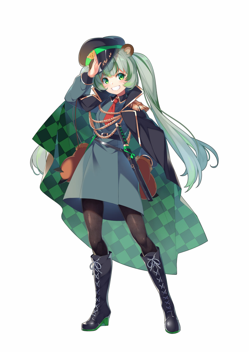 1girl aiguillette animal_ears animal_hands animare bear_ears belt black_coat black_pantyhose boots coat dress epaulettes female_focus full_body gloves green_eyes green_hair grin hat highres hinokuma_ran jacket jacket_on_shoulders katana knee_boots kokka_han long_hair long_sleeves looking_at_viewer multicolored_hair nanashi_inc. necktie pantyhose paw_gloves peaked_cap salute sheath sheathed short_necktie simple_background smile solo standing streaked_hair sword twintails very_long_hair virtual_youtuber weapon white_background wing_collar