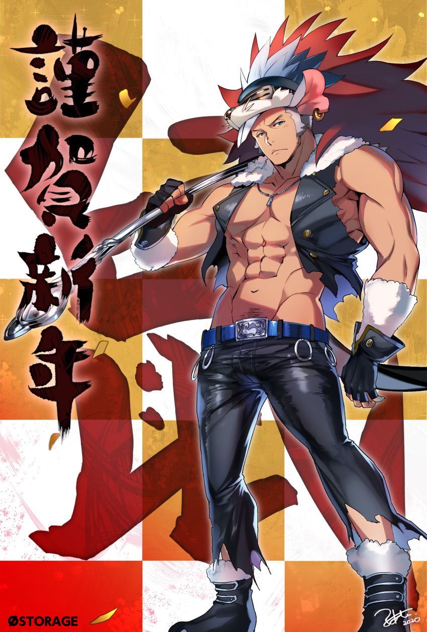 1boy abs animal_ears animal_hood bara bare_shoulders belt between_pectorals black_pants blue_belt chinese_zodiac dark-skinned_male dark_skin earrings fai_(fai-storage) full_body fur-trimmed_jacket fur_trim highres holding holding_polearm holding_weapon hood jacket jewelry leather leather_jacket leather_pants light_blush long_sideburns looking_at_viewer male_focus mature_male mouse_boy mouse_ears mouse_hood mouse_tail muscular muscular_male navel navel_hair necklace open_clothes open_jacket original over_shoulder pants pectoral_cleavage pectorals polearm short_hair sideburns single_earring solo stomach tail torn_clothes torn_pants translation_request weapon weapon_over_shoulder year_of_the_rat