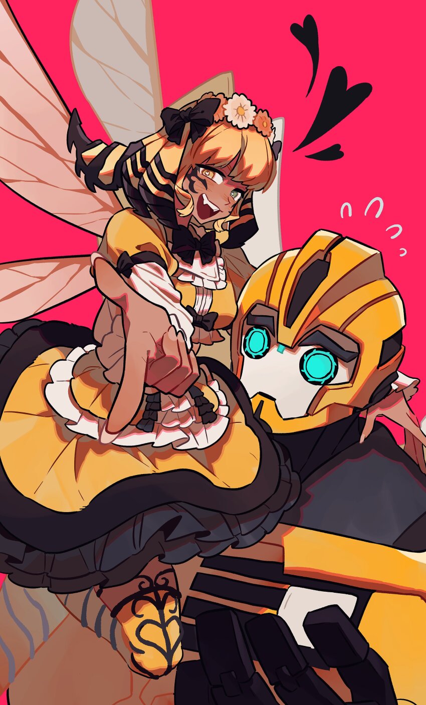 1boy 1girl :d absurdres autobot black_bow blonde_hair bow bright_pupils bumblebee_(transformers) fang final_fantasy final_fantasy_xiv flying_sweatdrops green_eyes gudai_baihe_tun hair_bow head_wreath heart heart-shaped_pupils heterochromia highres honey_b._lovely insect_wings leg_up looking_at_viewer medium_hair open_mouth pink_background pointing pointing_at_viewer robot simple_background skirt smile symbol-shaped_pupils thighhighs trait_connection transformers transformers_prime white_pupils wings yellow_eyes yellow_skirt yellow_thighhighs