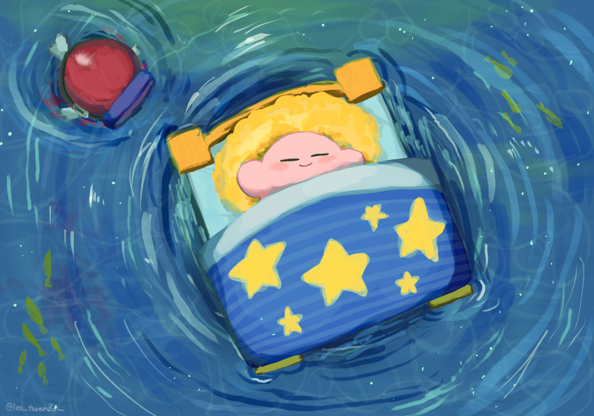 afloat bed blipper blush_stickers closed_eyes colored_skin copy_ability creature fish goggles highres kirby kirby_(series) leo_taranza nintendo no_humans pillow pink_skin ripples sleeping smile star_(symbol) under_covers