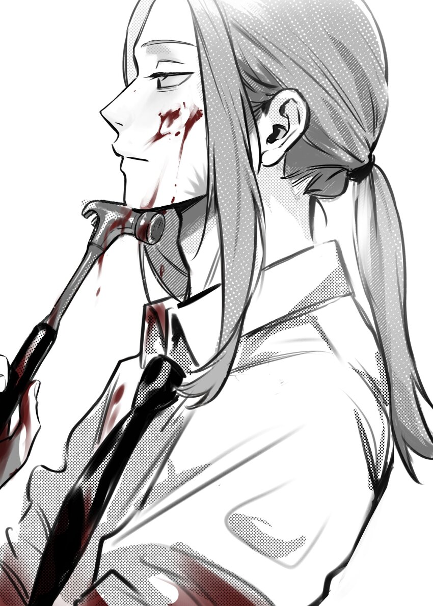 1boy 5a1_uei absurdres black_necktie blood blood_in_hair blood_on_clothes blood_on_face blood_on_hands bloody_weapon closed_mouth from_side hammer highres holding holding_hammer long_hair looking_down looking_to_the_side male_focus monochrome necktie ponytail sakamoto_days scar scar_on_face shirt shishiba_(sakamoto_days) sidelocks simple_background solo spot_color upper_body weapon white_background white_shirt