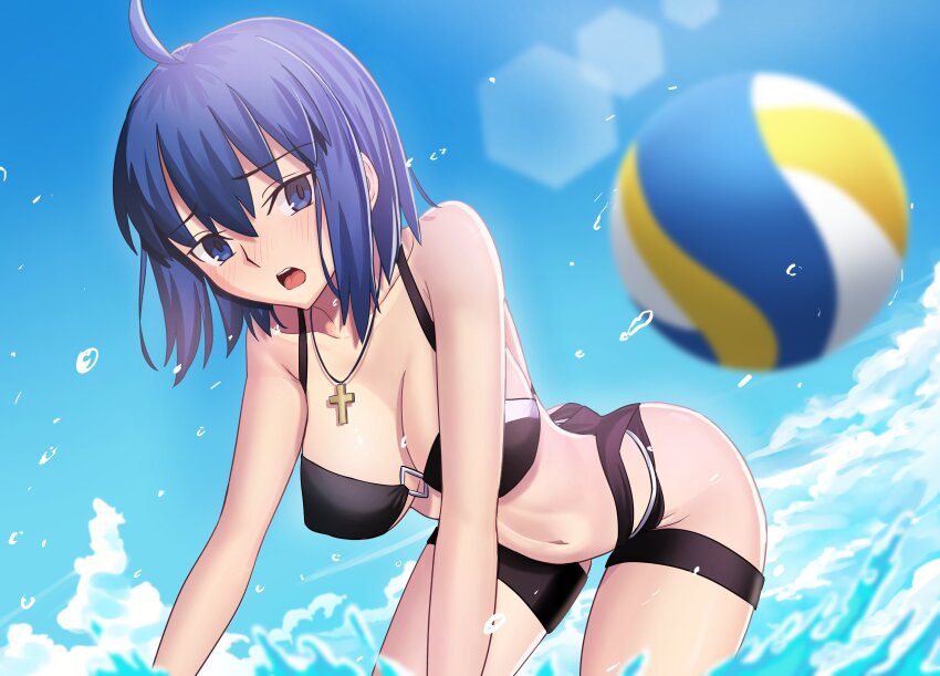 1girl absurdres ahoge ball beachball bikini black_bikini blue_eyes blue_hair blue_sky blush breasts c.i.e.l_(fate) c.i.e.l_(first_ascension)_(fate) ciel_(tsukihime) commentary cross cross_necklace fate/grand_order fate_(series) highres jewelry large_breasts light_rays longdq3008 navel necklace necktie open_mouth short_hair sky solo sunbeam sunlight swimsuit thigh_strap thighs tsukihime water