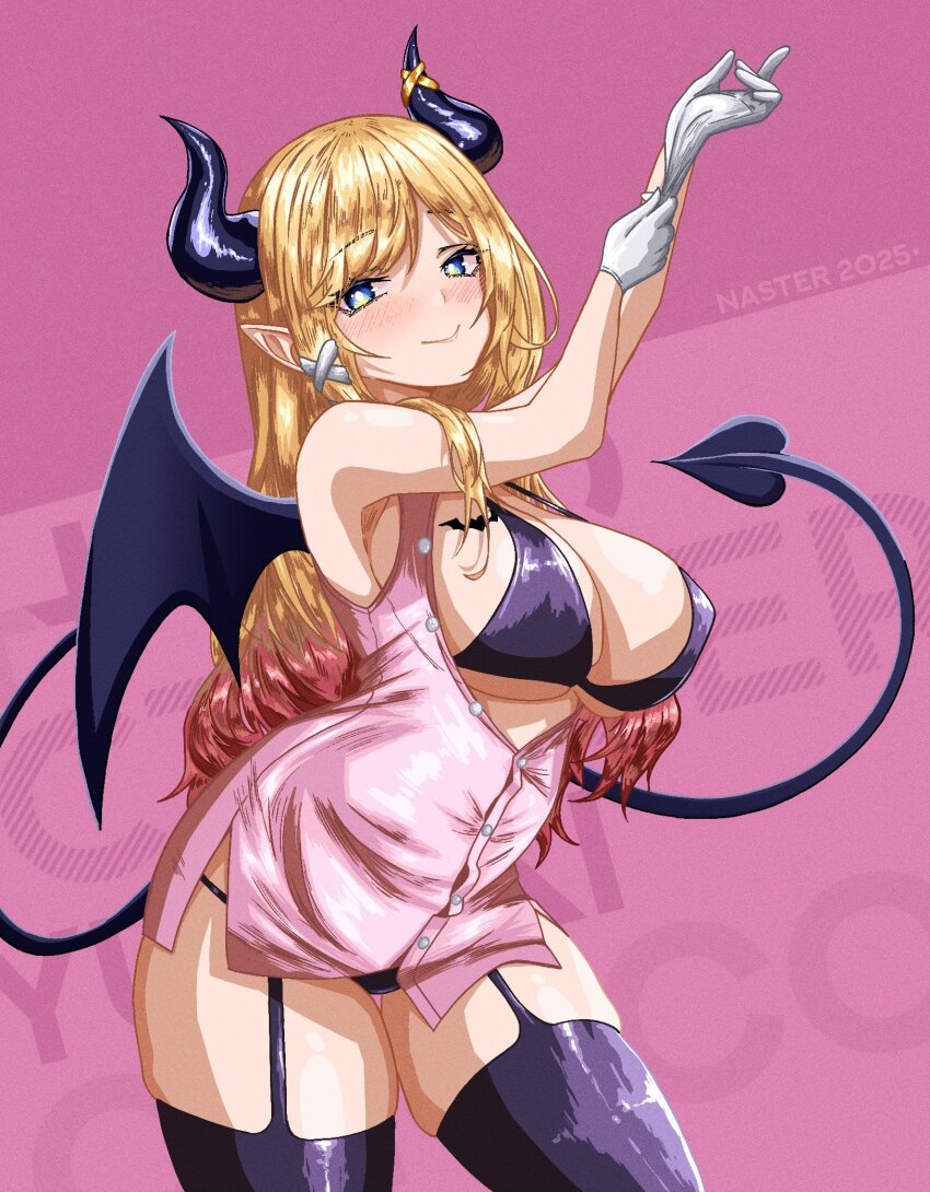 1girl adjusting_clothes adjusting_gloves alternate_costume bare_shoulders black_bra black_panties blonde_hair blue_eyes blush bra breasts cleavage demon_girl demon_horns demon_tail demon_wings dress garter_straps gloves hair_ornament hairclip highres hololive horns large_breasts long_hair looking_at_viewer nasterro nurse panties partially_unbuttoned pink_dress pointy_ears smile solo tail underwear virtual_youtuber white_gloves wings yuzuki_choco