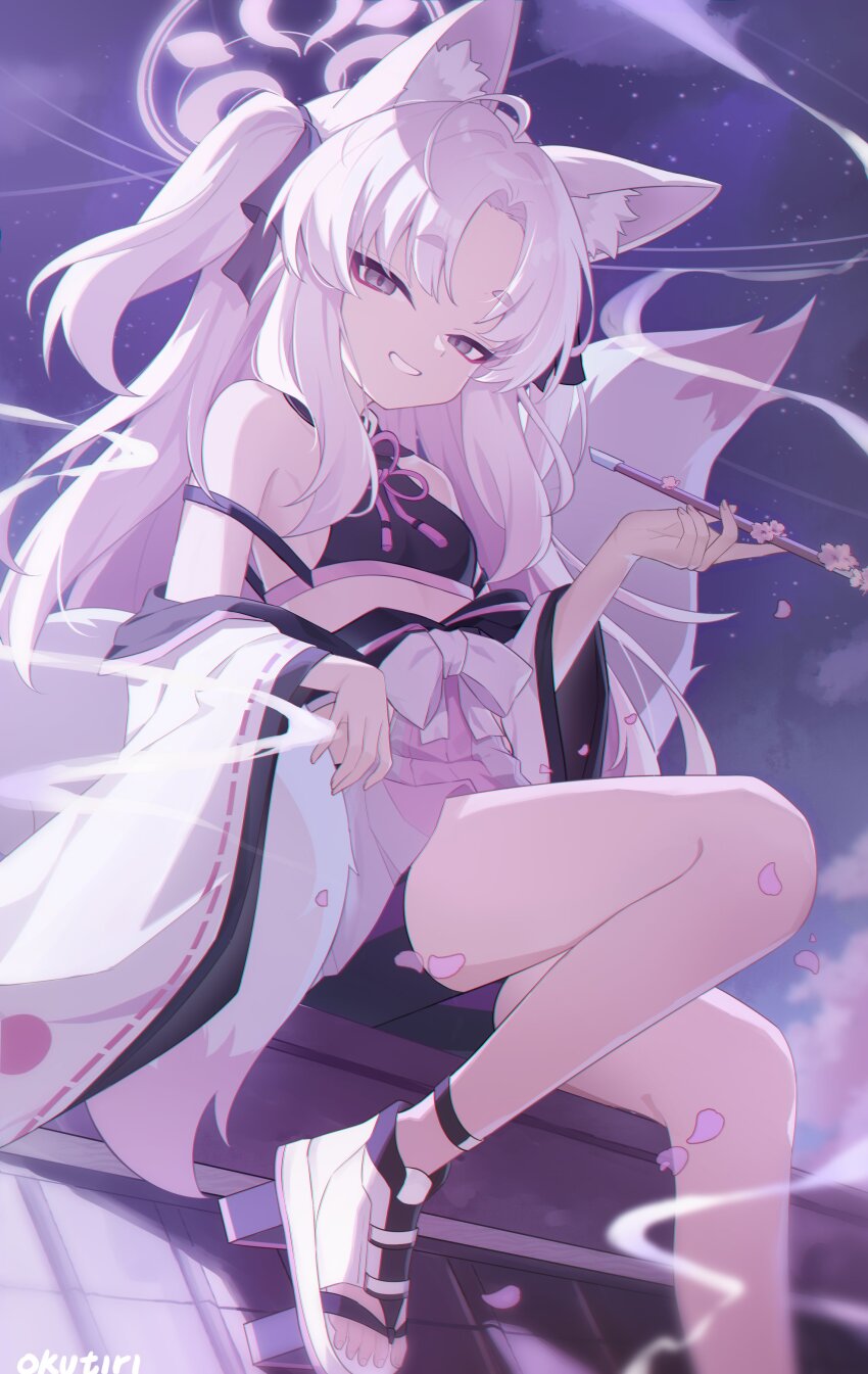 1girl absurdres animal_ear_fluff animal_ears artist_name bare_shoulders bike_shorts blue_archive breasts commentary duplicate exusiai_dust eyeshadow fox_ears fox_girl fox_tail halo highres holding holding_smoking_pipe japanese_clothes kimono kuzunoha_(blue_archive) long_hair looking_at_viewer makeup open_clothes open_kimono parted_bangs sitting small_breasts smile smoking_pipe solo tail teeth white_hair white_halo white_kimono