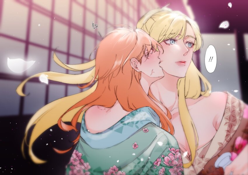 ! 2girls bare_shoulders bite_mark bite_mark_on_shoulder biting biting_cheek blonde_hair blue_eyes blue_kimono blush breasts cleavage closed_eyes commentary_request falling_petals floral_print floral_print_kimono highres indoors japanese_clothes kimono large_breasts long_hair multiple_girls off_shoulder orange_hair original petals print_kimono shouji sliding_doors spoken_exclamation_mark sweetandsour9 thai_commentary upper_body yuri