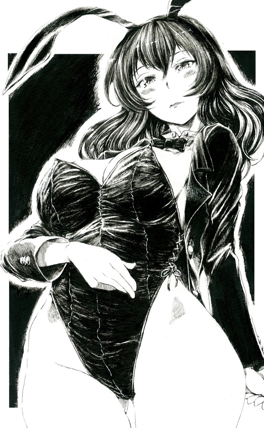 1girl absurdres alternate_costume animal_ears breasts detached_collar eclair_(girls_und_panzer) girls_und_panzer girls_und_panzer_gekitou!_maginot-sen_desu!! highres leotard long_sleeves looking_at_viewer playboy_bunny rabbit_ears sawamin side-tie_leotard