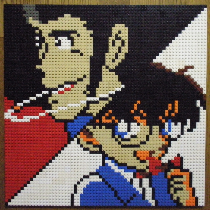 2boys :d arsene_lupin_iii black-framed_eyewear black_background black_hair blue_eyes child edogawa_conan glasses highres lego lego_(medium) looking_at_viewer looking_to_the_side lupin_iii meitantei_conan multiple_boys open_mouth photo_(medium) pixel_art short_hair sideburns smile smoke smoking unconventional_media upper_body white_background you_rei_(blowback)