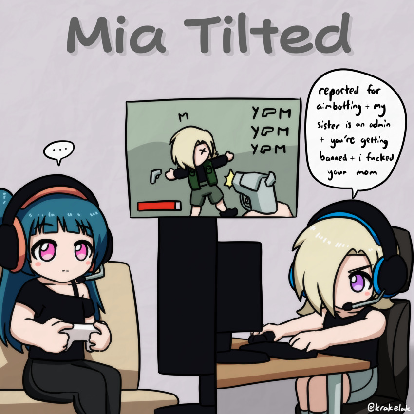 ... 2girls :| bare_shoulders black_pants black_shirt blue_hair blush_stickers chair closed_mouth commentary computer_keyboard computer_mouse deformed english_commentary english_text green_shorts green_vest grey_background grey_shorts gun hair_bun hair_over_one_eye handgun headphones headset highres holding holding_gun holding_weapon in-franchise_crossover krakelak long_hair long_sleeves love_live! love_live!_nijigasaki_high_school_idol_club love_live!_sunshine!! mia_taylor monitor multiple_girls no_mouth on_chair one_eye_covered open_clothes open_vest pants pink_eyes playing_games profanity pun purple_eyes shirt short_hair short_sleeves shorts simple_background single_bare_shoulder single_off_shoulder single_side_bun sitting sleeveless sleeveless_shirt speech_bubble spoken_ellipsis text_focus tsushima_yoshiko twitter_username vest video_game weapon x_x
