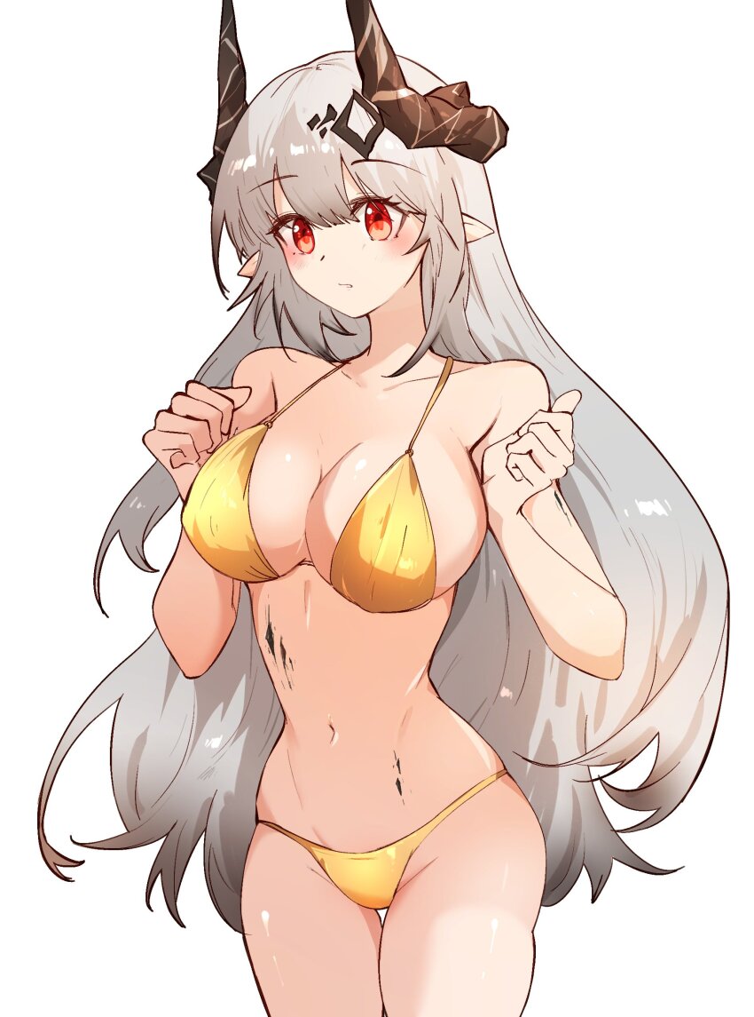 1girl absurdres arknights arya_melati bikini black_horns breasts clenched_hand commentary commission cowboy_shot english_commentary gold_bikini grey_hair highres horns large_breasts long_hair material_growth mudrock_(arknights) navel oripathy_lesion_(arknights) pointy_ears red_eyes red_hair simple_background solo swimsuit white_background