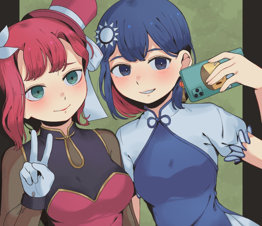 2girls blue_dress blue_eyes blue_hair blush breasts china_dress chinese_clothes colored_inner_hair dress earrings gloves hat highres holding holding_phone hong_kong_(kuroussa) jewelry kuroussa long_sleeves mandarin_collar medium_breasts multicolored_hair multiple_girls original personification phone piercing pink_hair red_dress red_eyes red_hat selfie shirt short_hair short_sleeves sun_hair_ornament taiwan taiwan_(kuroussa) white_gloves