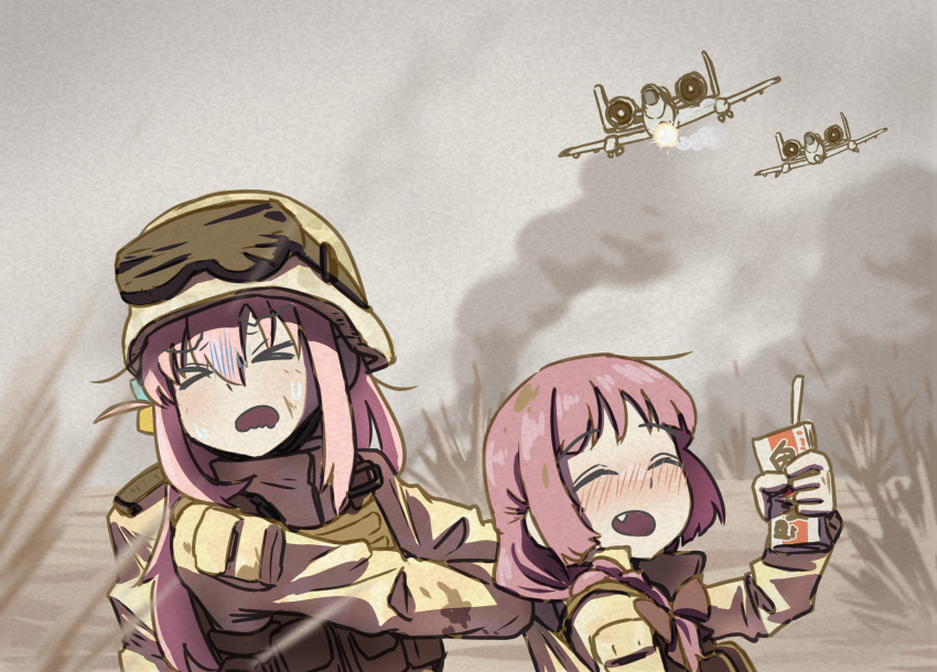 &gt;_&lt; 2girls a-10_thunderbolt_ii alcohol_carton bocchi_the_rock! cube_hair_ornament drunk friendly_fire gotoh_hitori hair_ornament highres hiroi_kikuri jarhead military military_combat_uniform military_uniform military_vehicle multiple_girls myvia_mokols pink_hair scene_reference united_states_air_force united_states_marine_corps