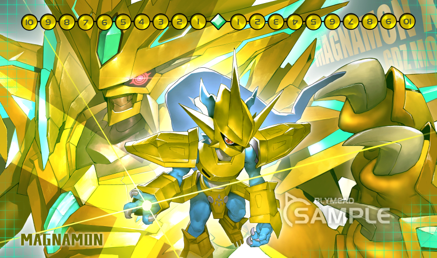 absurdres alternate_form armor artist_name blue_skin bly_mead character_name chest_jewel colored_skin digimon digimon_card_game dragon fewer_digits forehead_jewel gold_armor gold_footwear gold_helmet highres magnamon magnamon_x-antibody orange_skin powering_up red_eyes sample_watermark watermark white_skin