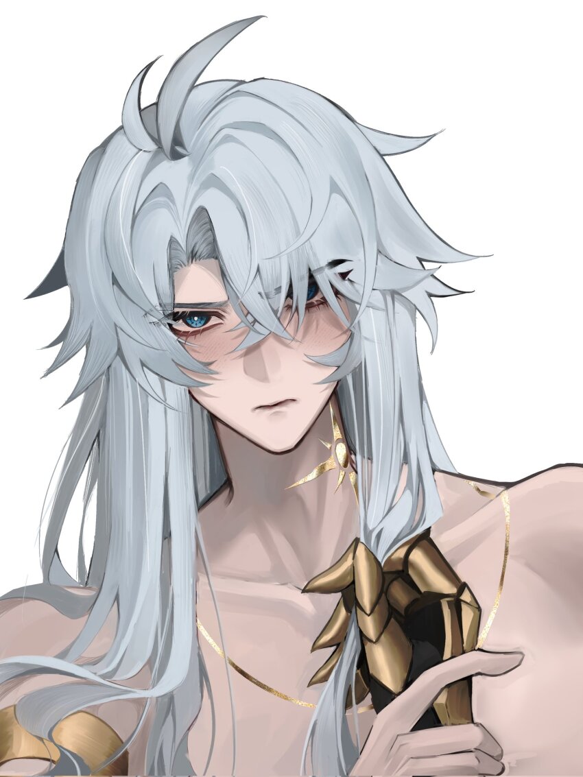 2boys alternate_hair_length alternate_hairstyle antenna_hair blush clawed_gauntlets commentary deeznut19205268 english_commentary highres holding_another&#039;s_wrist honkai:_star_rail honkai_(series) long_hair looking_at_viewer male_focus multiple_boys mydei_(honkai:_star_rail) neck_tattoo parted_bangs phainon_(honkai:_star_rail) simple_background solo_focus sun_symbol sun_tattoo tan tattoo topless_male white_background white_hair yaoi