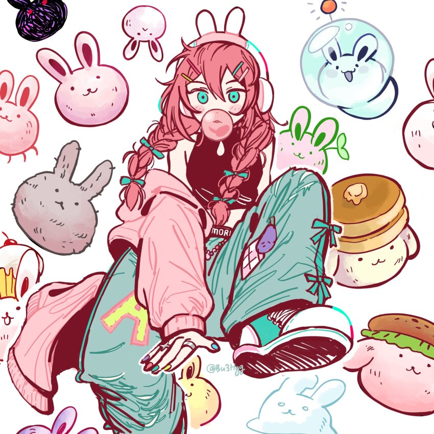1girl animal animal_background animal_ear_headphones animal_ears aqua_bow aqua_eyes aqua_pants aqua_shoes arm_between_legs aubrey_(birthday)_(omori) aubrey_(faraway)_(omori) aubrey_(omori) bare_shoulders belt black_belt black_shirt blue_nails bow braid breasts bu3hgg bubble bug_bunny_(omori) bun_bunny_(omori) chewing_gum clothes_writing commentary cupcake_bunny_(omori) denim double-parted_bangs dust_bunny_(omori) fake_animal_ears foot_out_of_frame forest_bunny?_(omori) forest_bunny_(omori) ghost_bunny_(omori) green_nails hair_between_eyes hair_bow hair_ornament hair_over_shoulder headphones highres jacket jacket_partially_removed jeans jewelry knee_up long_hair long_sleeves looking_at_viewer mr._plantegg_(omori) multicolored_nails no_sclera official_alternate_costume official_alternate_hairstyle omori outline pancake_bunny_(omori) pants parted_lips pink_jacket pink_nails puffy_long_sleeves puffy_sleeves purple_nails rabbit rabbit_ear_headphones ring shirt shoelaces shoes simple_background sleeveless sleeveless_shirt small_breasts snow_bunny_(omori) solo space_bunny_(omori) sprout_bunny_(omori) symbol-only_commentary twin_braids twitter_username white_background white_outline white_rabbit_(animal) yellow_nails
