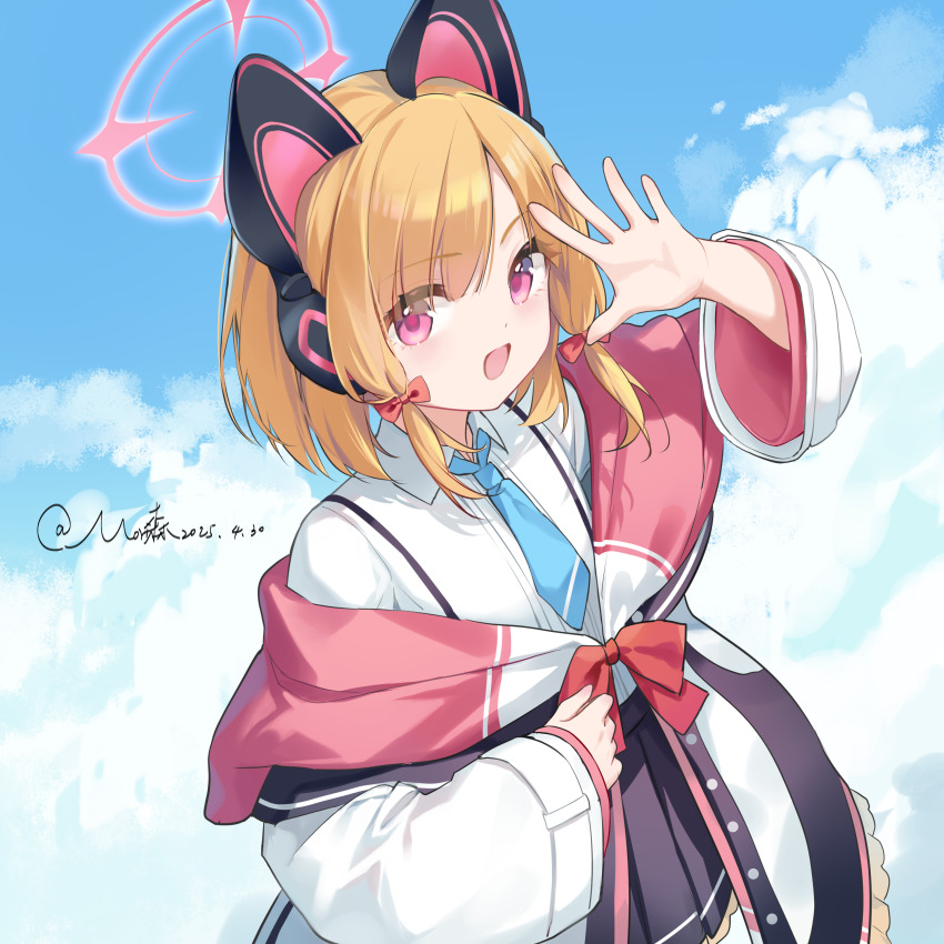 1girl 2025 :d absurdres animal_ear_headphones animal_ears arm_up artist_name black_skirt blonde_hair blue_archive blue_necktie blue_sky bow buttons cat_ear_headphones cat_ears chinese_commentary clenched_hand cloud cloudy_sky collared_shirt commentary dated dot_nose eyes_visible_through_hair fake_animal_ears frilled_jacket frilled_skirt frills hair_bow halo headphones highres hood hood_down hooded_jacket jacket light_blush long_sleeves looking_at_viewer looking_to_the_side low-tied_sidelocks medium_hair momoi_(blue_archive) morimori_(14292311) multicolored_jacket necktie open_clothes open_hand open_jacket open_mouth pink_eyes pink_halo pink_jacket pleated_skirt red_bow school_uniform shirt sidelocks signature single_off_shoulder skirt sky smile solo spread_fingers suspender_skirt suspenders two-sided_fabric two-sided_jacket upper_body white_jacket white_shirt wide_sleeves