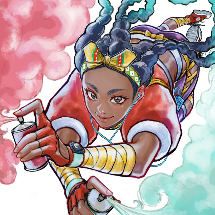 1girl ai_shou arm_wrap commentary crop_top dark-skinned_female dark_skin earbuds earphones english_commentary fingerless_gloves gloves gradient_hair highres kimberly_jackson long_hair mixed-language_commentary multicolored_hair red_gloves short_sleeves solo spray_can street_fighter street_fighter_6