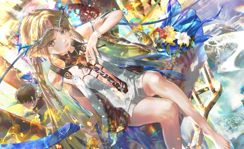 1boy 1girl absurdres bare_legs bare_shoulders barefoot black_collar black_hair black_jacket blonde_hair blue_eyes bracelet breasts cartethyia_(wuthering_waves) chinese_commentary collar commentary_request crown_of_thorns earrings flower highres holding holding_flower jacket jewelry jin_sumire legs long_hair male_rover_(wuthering_waves) pointy_ears red_flower rover_(wuthering_waves) sitting small_breasts smile solo_focus spiked_bracelet spikes tabard tacet_mark_(wuthering_waves) white_flower white_tabard wuthering_waves yellow_flower