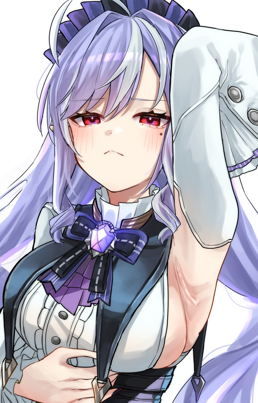 1girl :&lt; absurdres arm_up armpits ascot black_bow black_bowtie blush bow bowtie breasts buttons center_frills closed_mouth clothing_cutout commentary frilled_shirt frilled_shirt_collar frilled_sleeves frills gem grey_hair hair_between_eyes hairband hand_up highres large_breasts long_hair long_sleeves looking_at_viewer mole mole_under_eye multicolored_hair pointy_ears presenting presenting_sideboob purple_ascot purple_gemstone purple_hair purple_hairband red_eyes shirt side_cutout sideboob sidelocks simple_background solo streaked_hair two-tone_hair underbust upper_body vivian_(zenless_zone_zero) white_background white_shirt wide_sleeves yozakurayuyu zenless_zone_zero