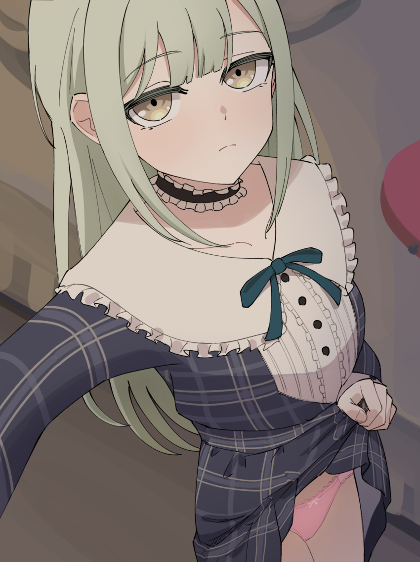 1girl bang_dream! bang_dream!_it&#039;s_mygo!!!!! black_choker blue_dress chinese_commentary choker closed_mouth commentary_request dress frilled_choker frills green_hair highres lifting_own_clothes long_hair looking_at_viewer mortis_(bang_dream!) mortis_(persona)_(bang_dream!) panties pink_panties plaid_clothes plaid_dress selfie sidelocks solo tatama underwear wakaba_mutsumi yellow_eyes