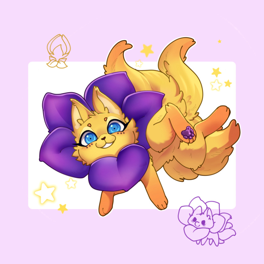 :3 animal animal_focus animalization blue_eyes border flower fox grin highres jumping looking_at_viewer multiple_tails no_humans outline outside_border plants_vs._zombies plants_vs._zombies_2 purple_border purple_flower shrinking_violet_(plants_vs._zombies) simple_background smile solo star_(symbol) tail veghia white_background white_outline