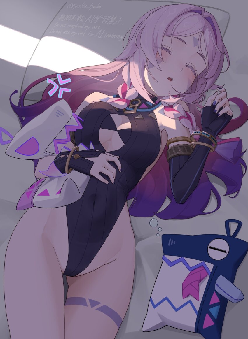 1girl anger_vein asymmetrical_gloves bare_shoulders bed_sheet black_gloves black_leotard blush braid breasts citlali_(genshin_impact) citlalin_(genshin_impact) cleavage closed_eyes commentary covered_navel facial_mark fingerless_gloves fingernails forehead_mark genshin_impact gloves highres itzpapa_(genshin_impact) leotard long_hair lying medium_breasts nail_polish on_back parted_lips pink_hair purple_nails ryoku_tyaba sleeping triangle triangle_facial_mark twin_braids uneven_gloves very_long_hair