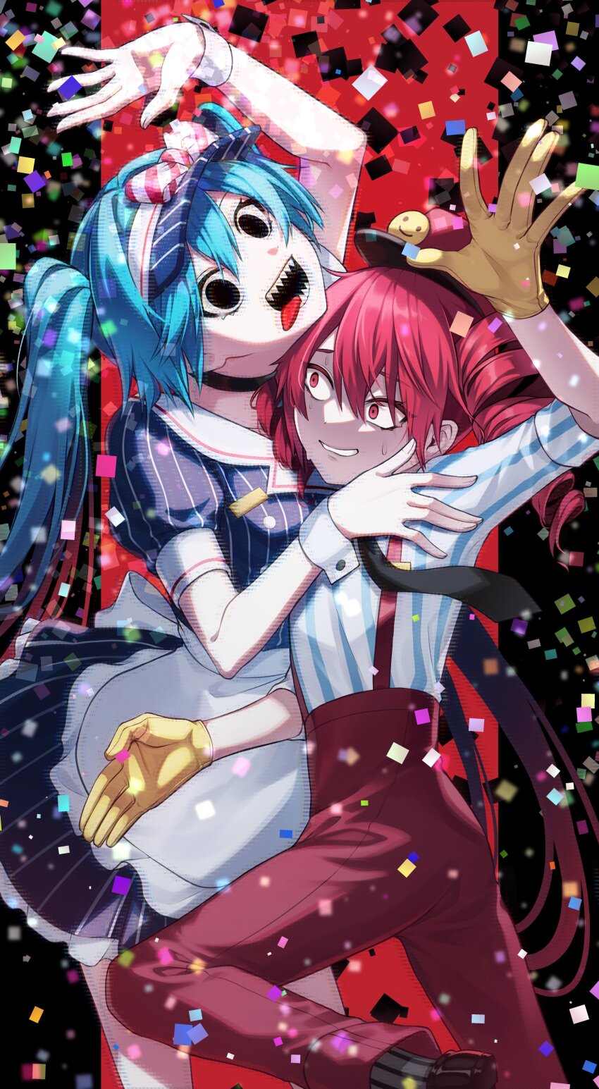 2girls absurdres apron arm_up black_eyes black_necktie blue_dress blue_hat bow collared_dress confetti diagonal-striped_bow dress drill_hair gloves gomimusi_go_go grin hair_between_eyes hat hatsune_miku highres kasane_teto kepi long_hair looking_at_another looking_at_viewer mesmerizer_(vocaloid) military_hat multiple_girls necktie nervous_smile pants pinstripe_dress pinstripe_hat pinstripe_pattern red_bow red_eyes red_hair red_hat red_pants sailor_collar scared sharp_teeth shirt short_sleeves smile smiley_hat_ornament striped_bow striped_clothes striped_shirt suspenders sweat teeth tongue tongue_out twin_drills twintails two-tone_bow upper_teeth_only utau visor_cap vocaloid waist_apron white_apron white_bow white_wrist_cuffs wrist_cuffs yellow_gloves