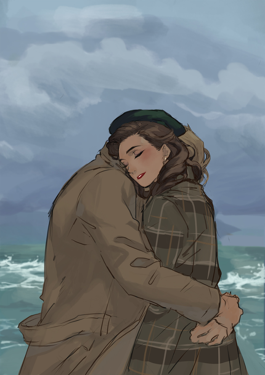 1boy 1girl ambulance00 beret blonde_hair blush brown_coat brown_hair captain_america_(series) closed_eyes cloud cloudy_sky coat day earrings green_hat hat hetero highres hug jewelry long_sleeves marvel marvel_cinematic_universe ocean outdoors peggy_carter plaid_clothes plaid_coat red_lips short_hair sky steve_rogers teeth upper_body waves