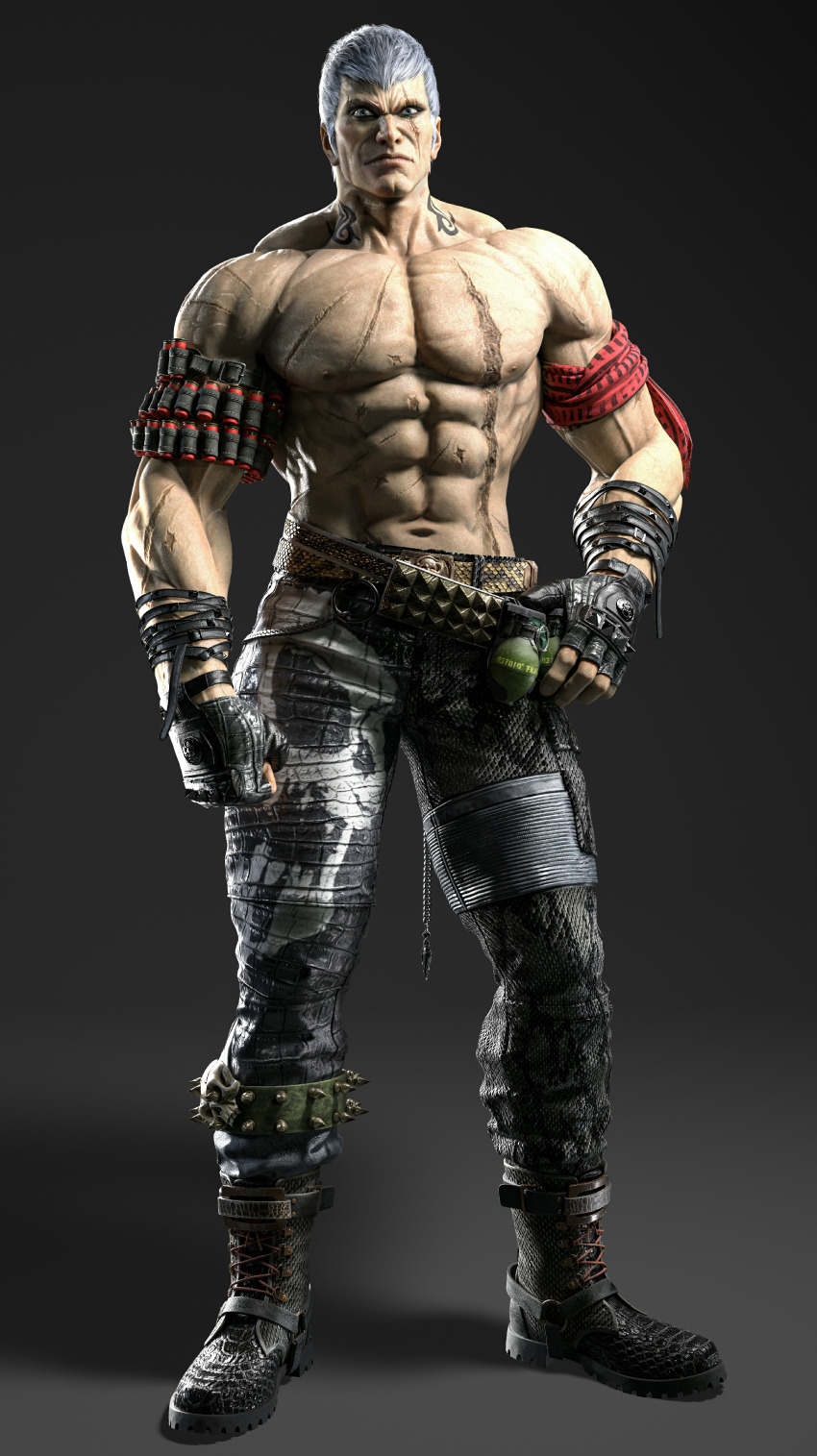 1boy 3d abs absurdres belt black_boots black_gloves blue_eyes boots bryan_fury clenched_hand explosive fingerless_gloves full_body gloves grenade grey_hair highres lace-up_boots looking_at_viewer male_focus muscular muscular_male neck_tattoo non-web_source official_art scar scar_across_eye scar_on_chest scar_on_face skull_print smirk solo standing tattoo tekken tekken_8 topless_male wide-eyed