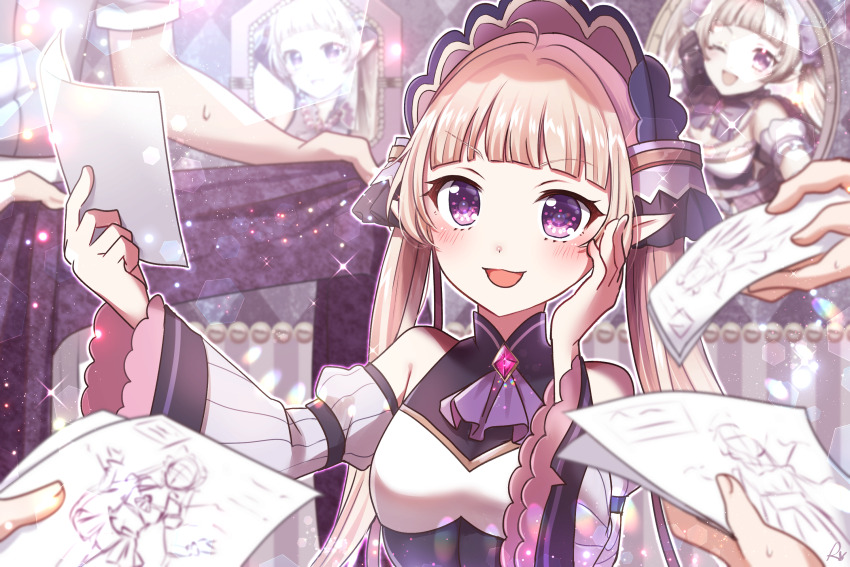 1boy ahoge artist_request bare_shoulders blonde_hair blush chest_jewel crossdressing elf frilled_sleeves frills hair_ornament hand_on_own_cheek hand_on_own_face headdress hime_cut long_hair looking_ahead male_focus open_mouth paper pointy_ears portrait princess_connect! purple_eyes reference_sheet self-portrait smile source_request sparkle sparkling_eyes trap twintails upper_body very_long_hair yuki_(princess_connect!)