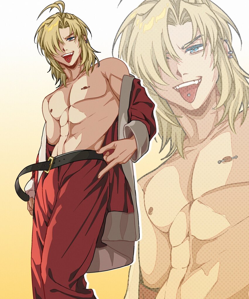 1boy absurdres barbell_piercing belt black_belt blonde_hair blue_eyes degrees_of_lewdity earrings hair_over_one_eye highres jacket jewelry looking_at_viewer male_focus nipple_piercing nipples off_shoulder open_clothes open_jacket pants piercing red_jacket red_pants solo tongue tongue_out tongue_piercing whitney_(degrees_of_lewdity) whitney_(male)_(degrees_of_lewdity) yuzukiyo zoom_layer
